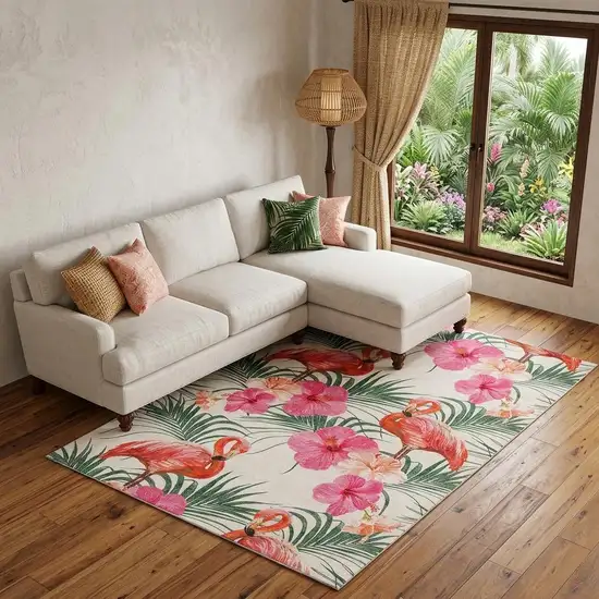 Pink Ivory And Green Geometric Washable Area Rug With UV Protection Photo 1