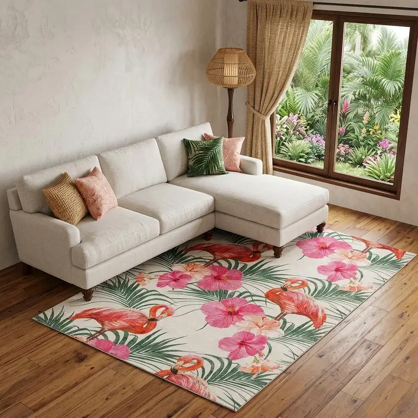 Pink Ivory And Green Geometric Washable Area Rug With UV Protection Photo 1