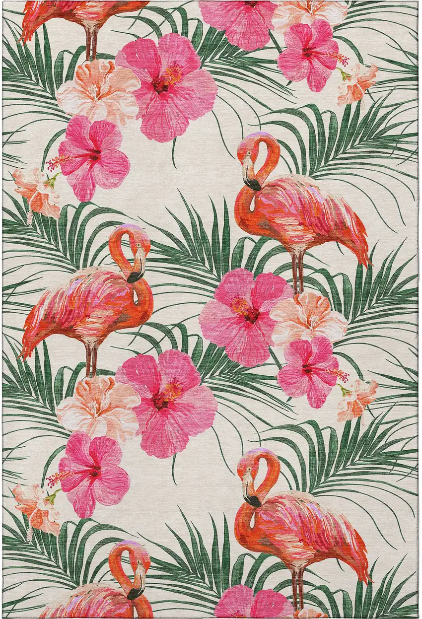 Pink Ivory And Green Geometric Washable Area Rug With UV Protection Photo 6