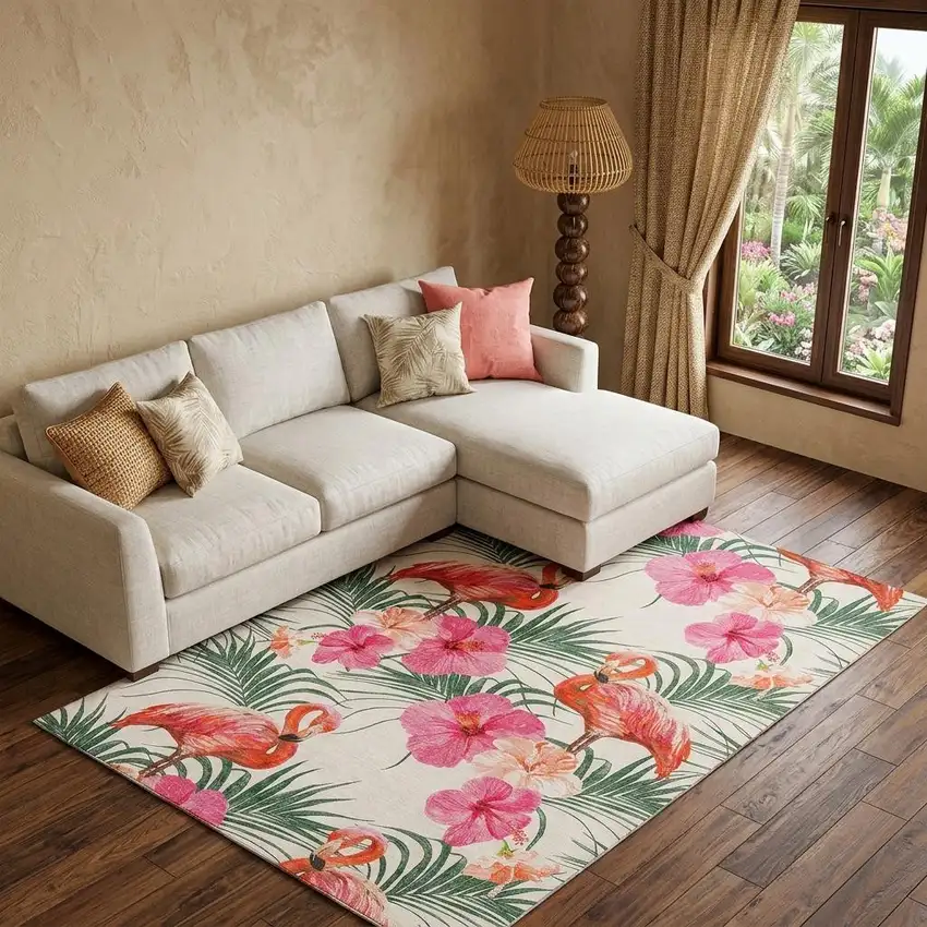 Pink Ivory And Green Geometric Washable Area Rug With UV Protection Photo 1