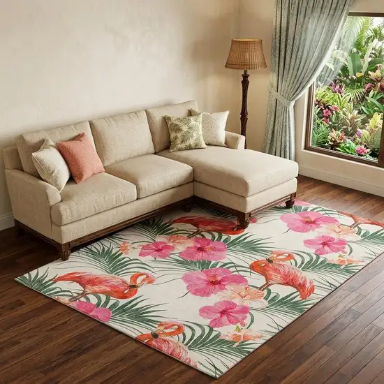 Pink Ivory And Green Geometric Washable Area Rug With UV Protection Photo 1