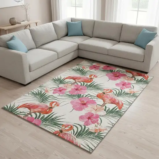 Pink Ivory And Green Geometric Washable Area Rug With UV Protection Photo 1