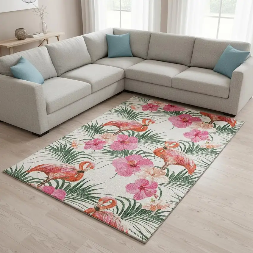 Pink Ivory And Green Geometric Washable Area Rug With UV Protection Photo 1