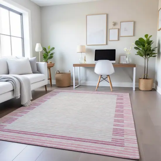 Pink Ivory And Mauve Striped Washable Area Rug With UV Protection Photo 4