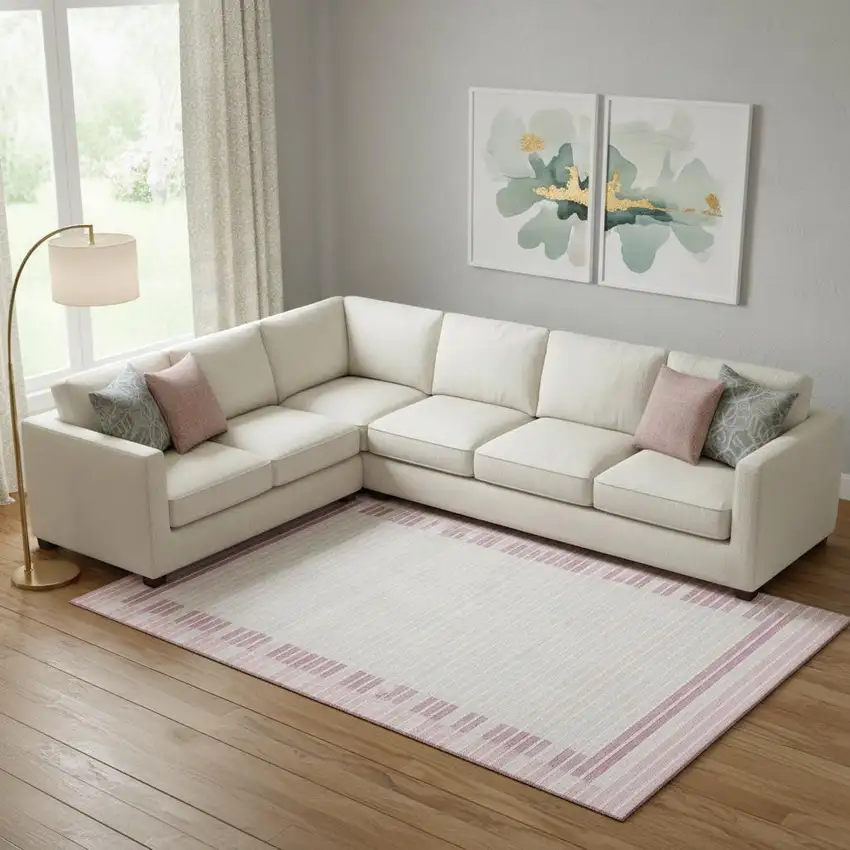 Pink Ivory And Mauve Striped Washable Area Rug With UV Protection Photo 1