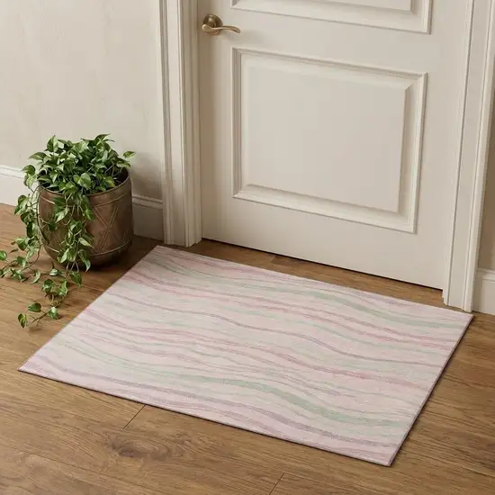 Pink Ivory And Mint Green Striped Washable Area Rug With UV Protection Photo 1