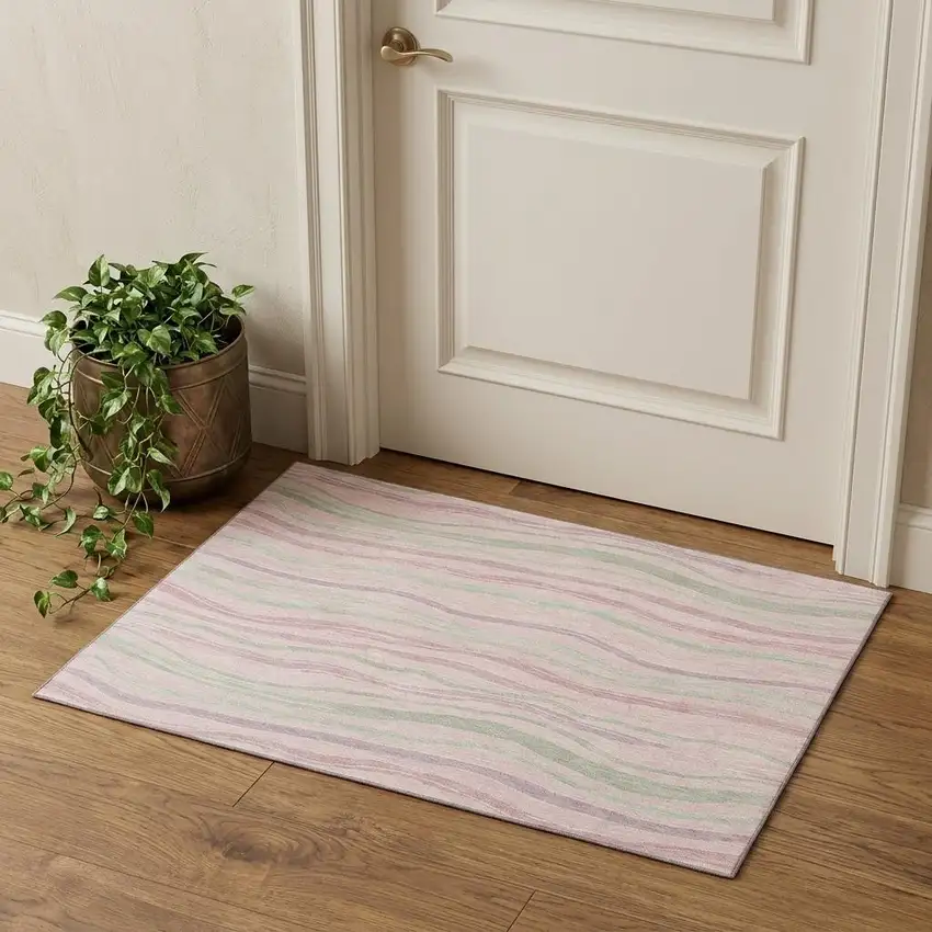 Pink Ivory And Mint Green Striped Washable Area Rug With UV Protection Photo 1