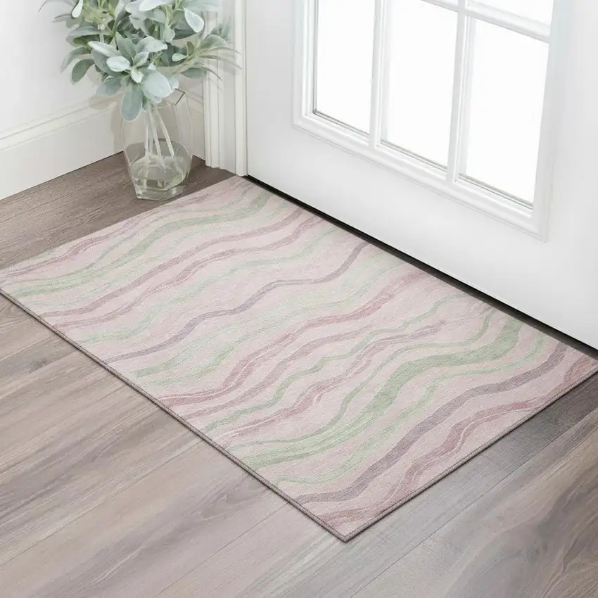 Pink Ivory And Mint Green Striped Washable Area Rug With UV Protection Photo 2