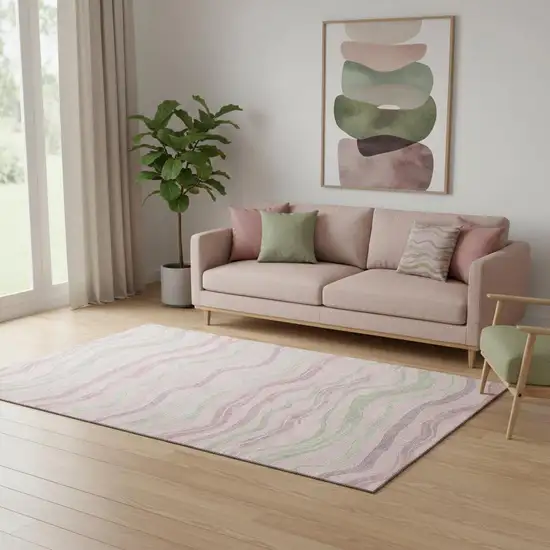 Pink Ivory And Mint Green Striped Washable Area Rug With UV Protection Photo 2