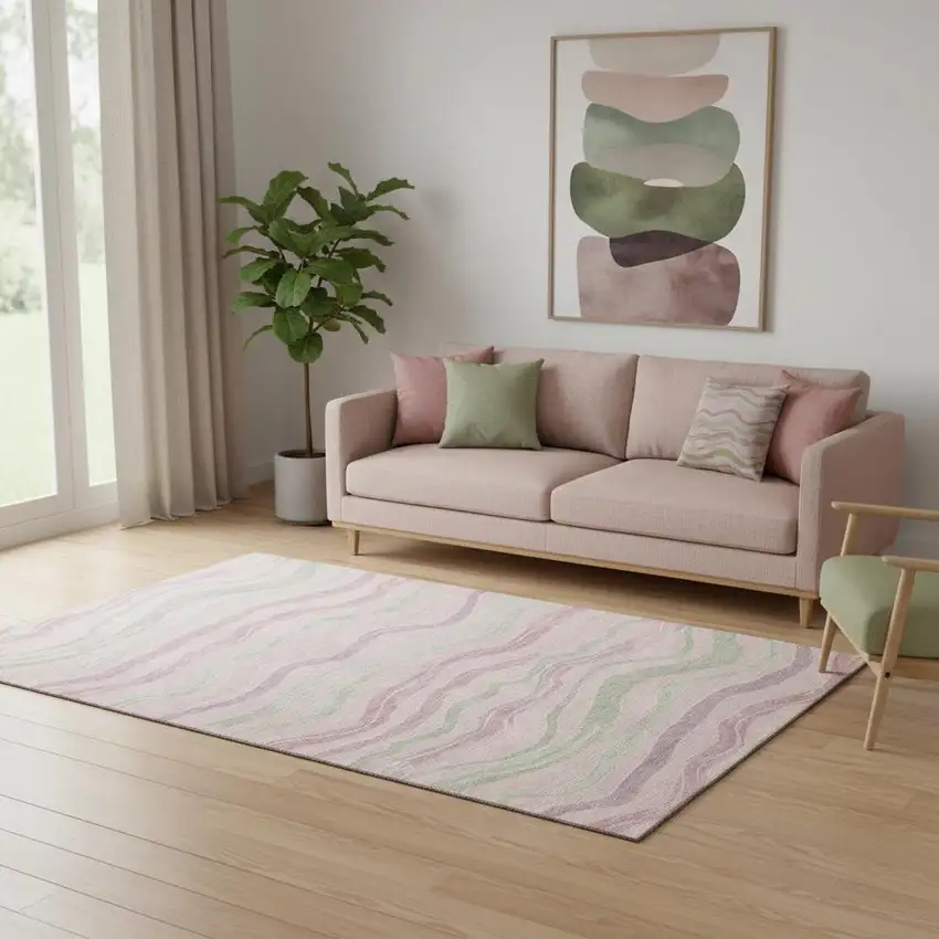 Pink Ivory And Mint Green Striped Washable Area Rug With UV Protection Photo 2