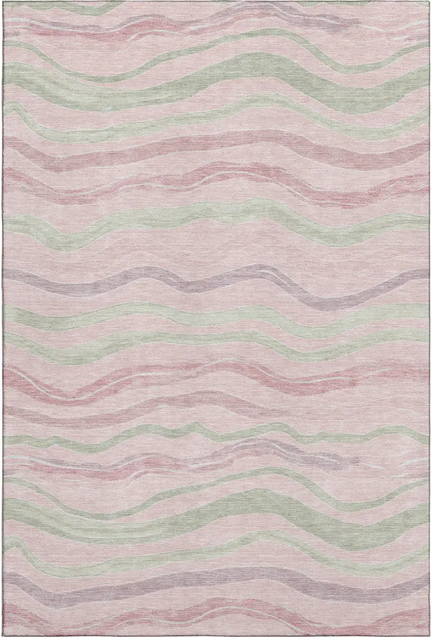 Pink Ivory And Mint Green Striped Washable Area Rug With UV Protection Photo 1