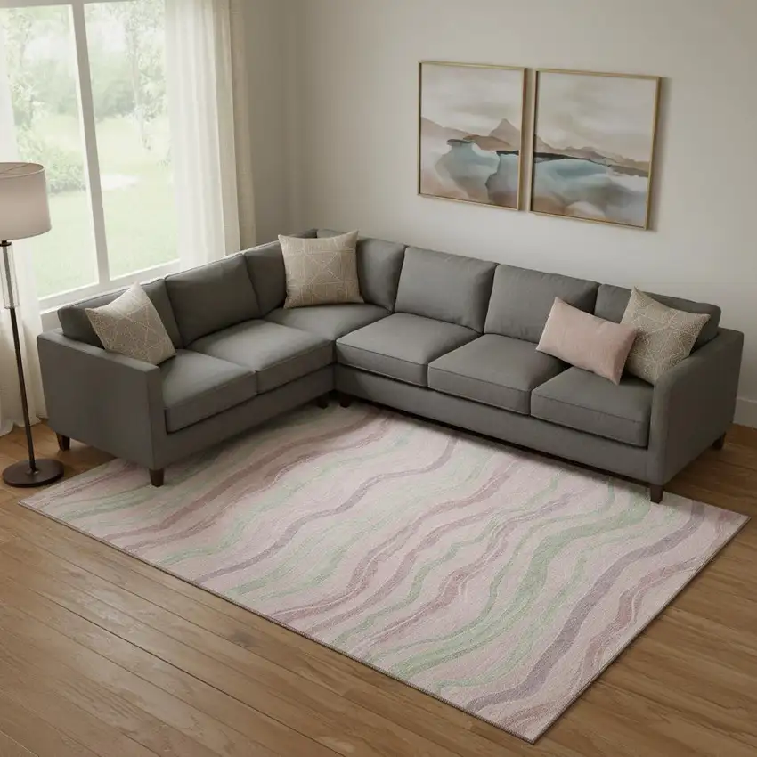 Pink Ivory And Mint Green Striped Washable Area Rug With UV Protection Photo 2