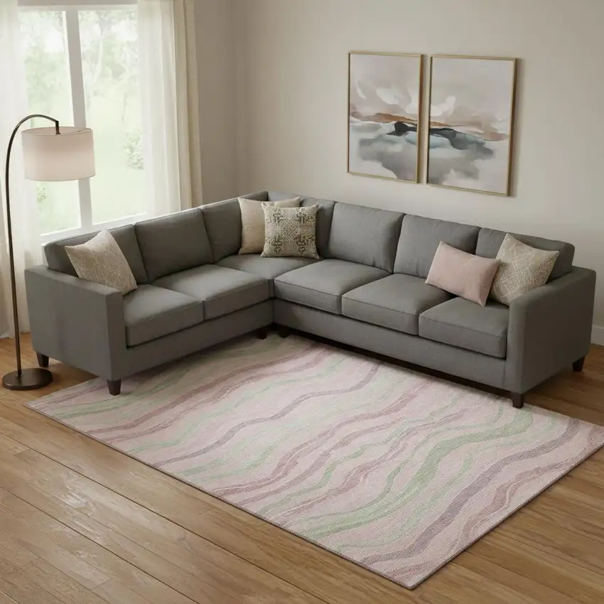 Pink Ivory And Mint Green Striped Washable Area Rug With UV Protection Photo 2