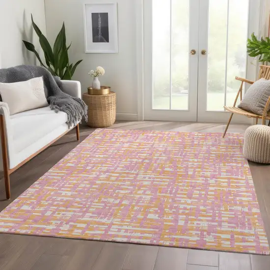 Pink Ivory And Orange Abstract Geometric Washable Area Rug With UV Protection Photo 4