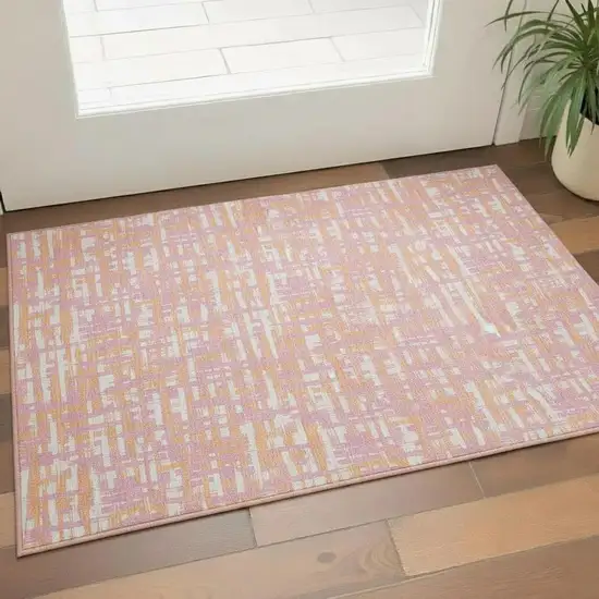 Pink Ivory And Orange Abstract Geometric Washable Area Rug With UV Protection Photo 2