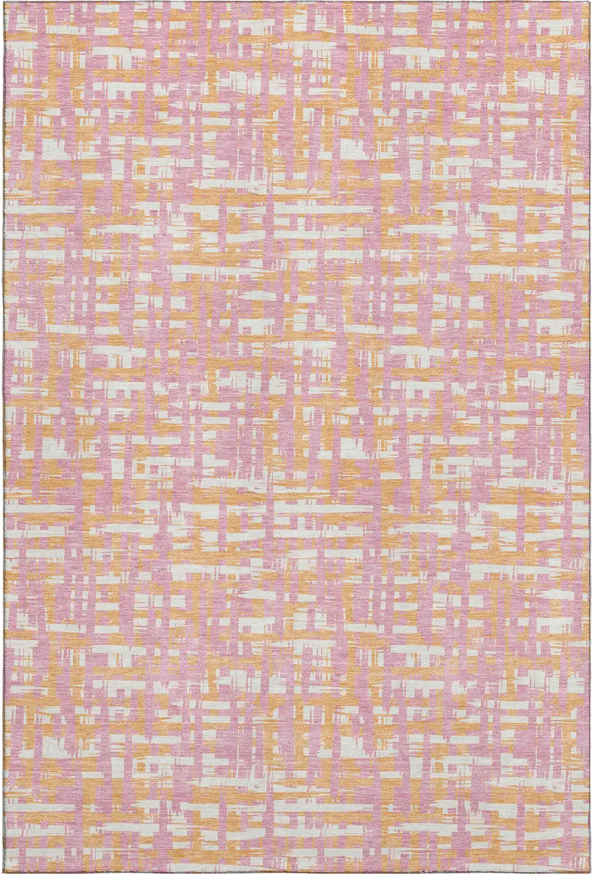 Pink Ivory And Orange Abstract Geometric Washable Area Rug With UV Protection Photo 1