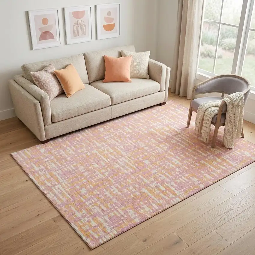 Pink Ivory And Orange Abstract Geometric Washable Area Rug With UV Protection Photo 1