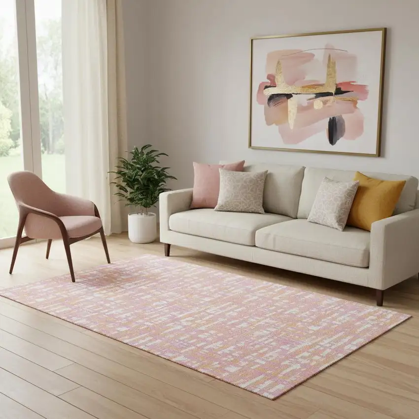 Pink Ivory And Orange Abstract Geometric Washable Area Rug With UV Protection Photo 2