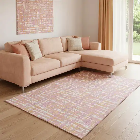 Pink Ivory And Orange Abstract Geometric Washable Area Rug With UV Protection Photo 2