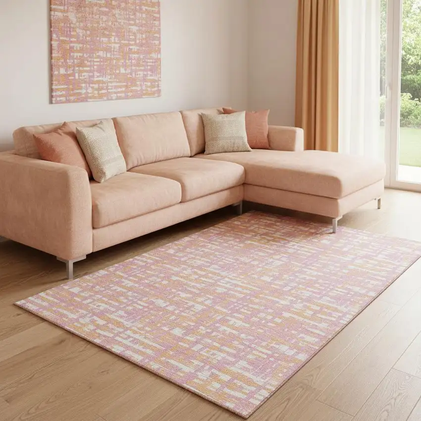 Pink Ivory And Orange Abstract Geometric Washable Area Rug With UV Protection Photo 2