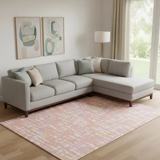 Pink Ivory And Orange Abstract Geometric Washable Area Rug With UV Protection Photo 2