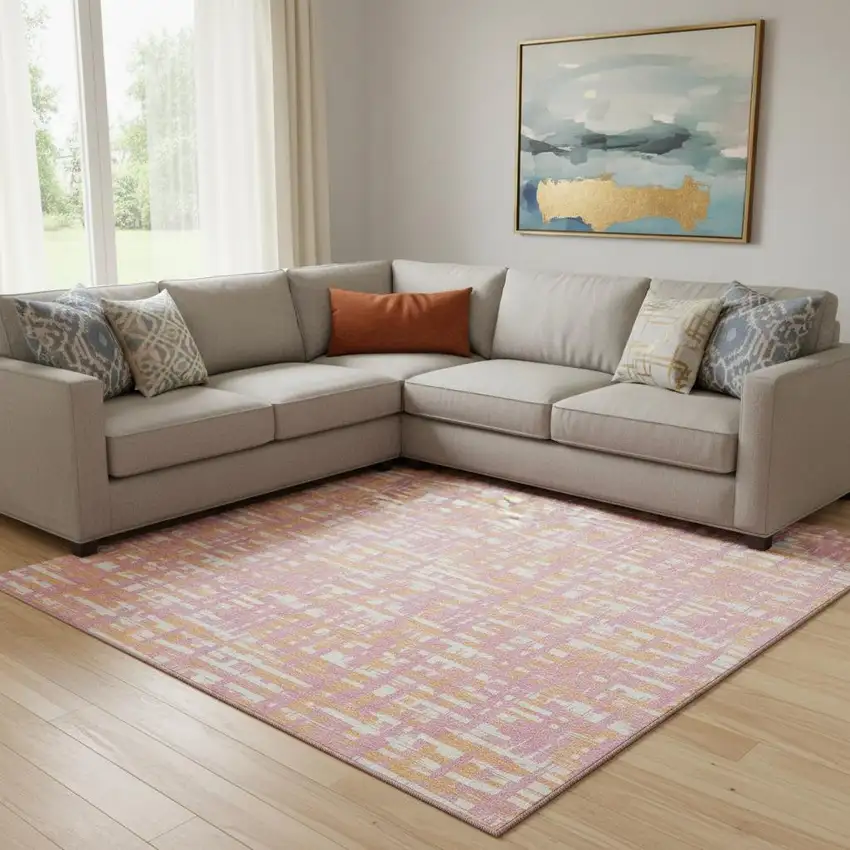 Pink Ivory And Orange Abstract Geometric Washable Area Rug With UV Protection Photo 2