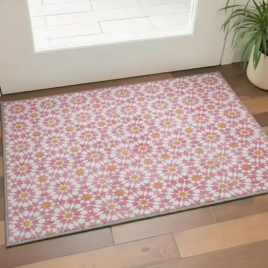 Pink Ivory And Orange Geometric Washable Area Rug With UV Protection Photo 2