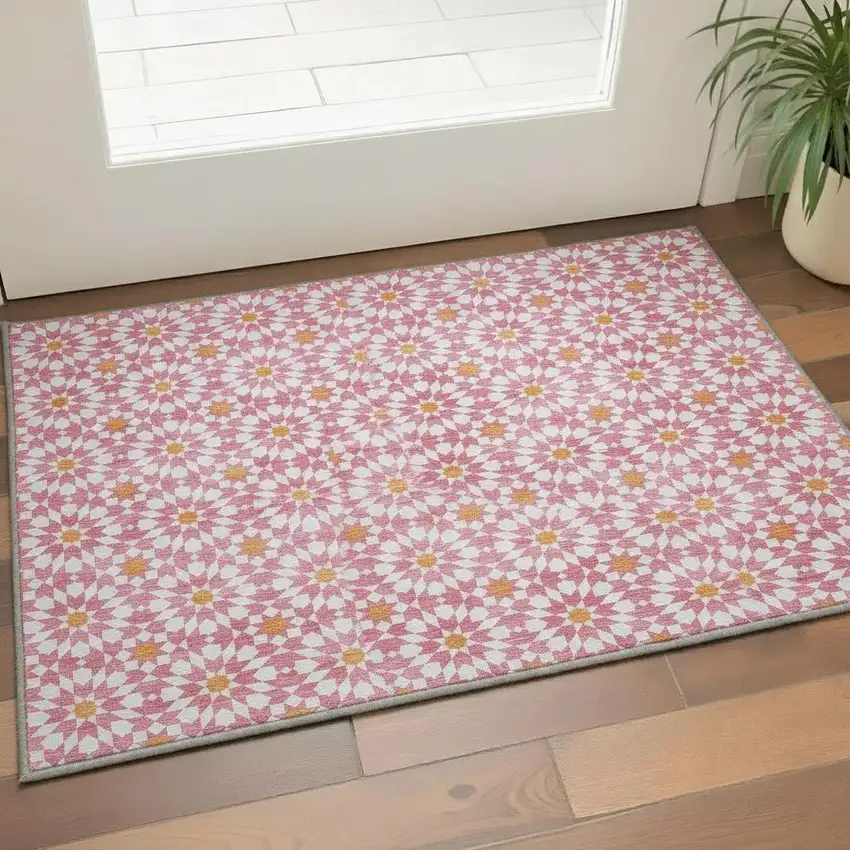 Pink Ivory And Orange Geometric Washable Area Rug With UV Protection Photo 2