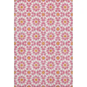Photo of Pink Ivory And Orange Geometric Washable Area Rug With UV Protection