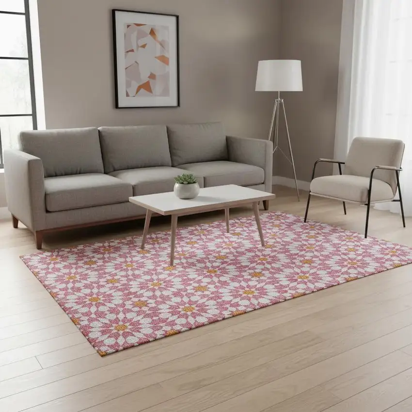 Pink Ivory And Orange Geometric Washable Area Rug With UV Protection Photo 2