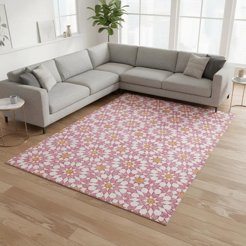 Pink Ivory And Orange Geometric Washable Area Rug With UV Protection Photo 2