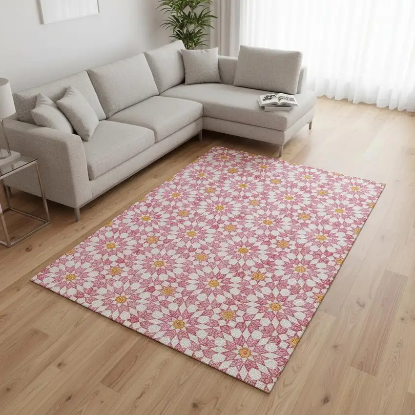 Pink Ivory And Orange Geometric Washable Area Rug With UV Protection Photo 2