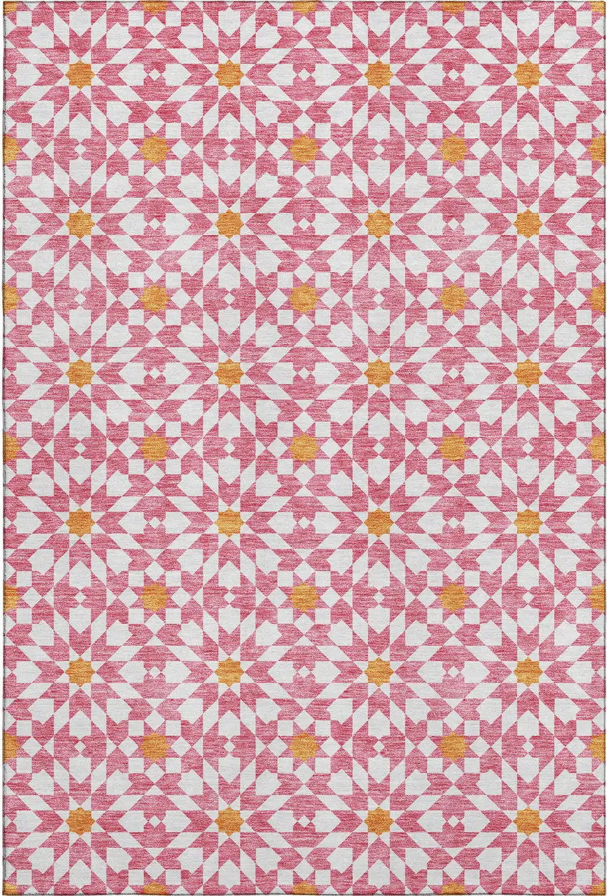 Pink Ivory And Orange Geometric Washable Area Rug With UV Protection Photo 1