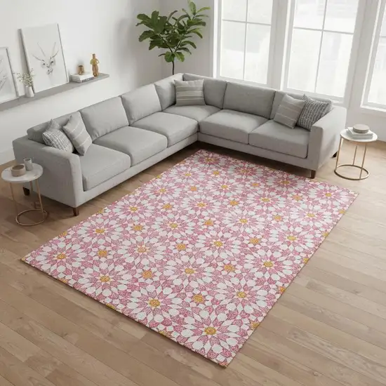 Pink Ivory And Orange Geometric Washable Area Rug With UV Protection Photo 2