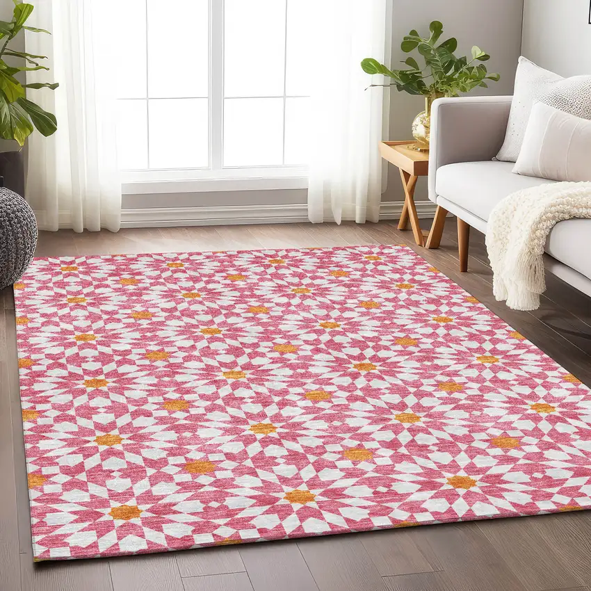 Pink Ivory And Orange Geometric Washable Area Rug With UV Protection Photo 5