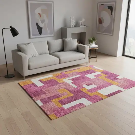 Pink Ivory And Orange Geometric Washable Area Rug With UV Protection Photo 2
