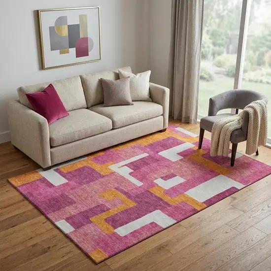 Pink Ivory And Orange Geometric Washable Area Rug With UV Protection Photo 1