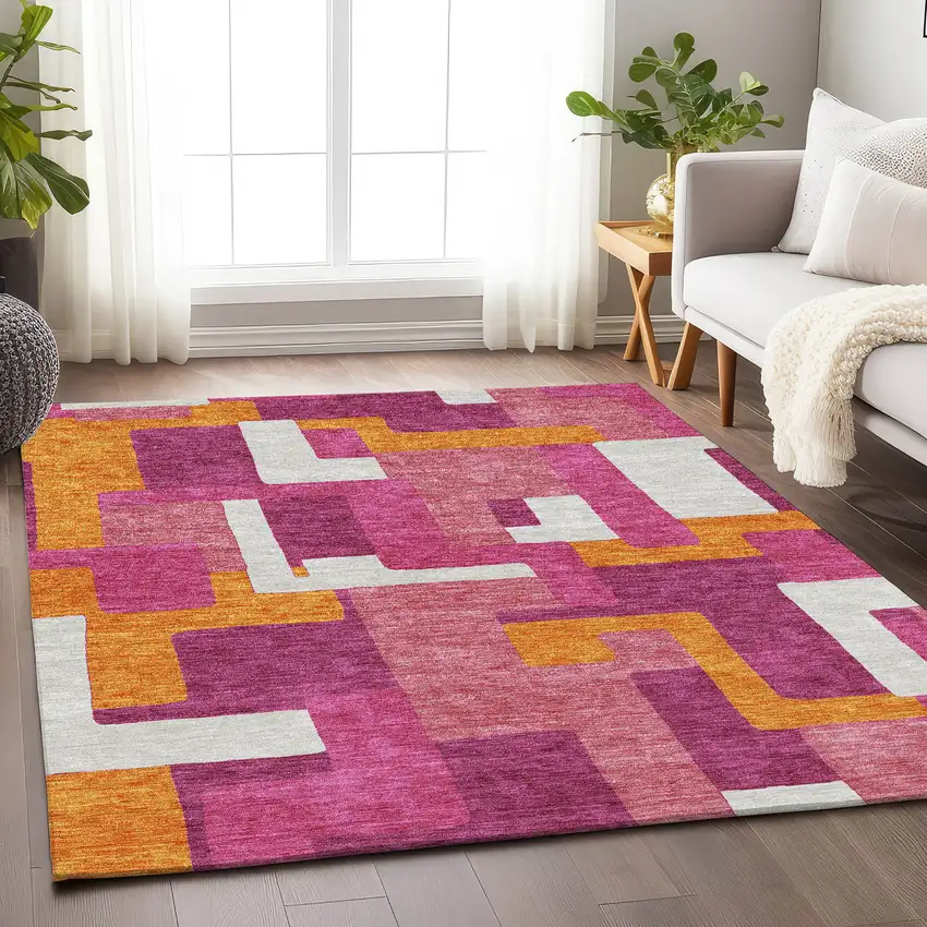 Pink Ivory And Orange Geometric Washable Area Rug With UV Protection Photo 4