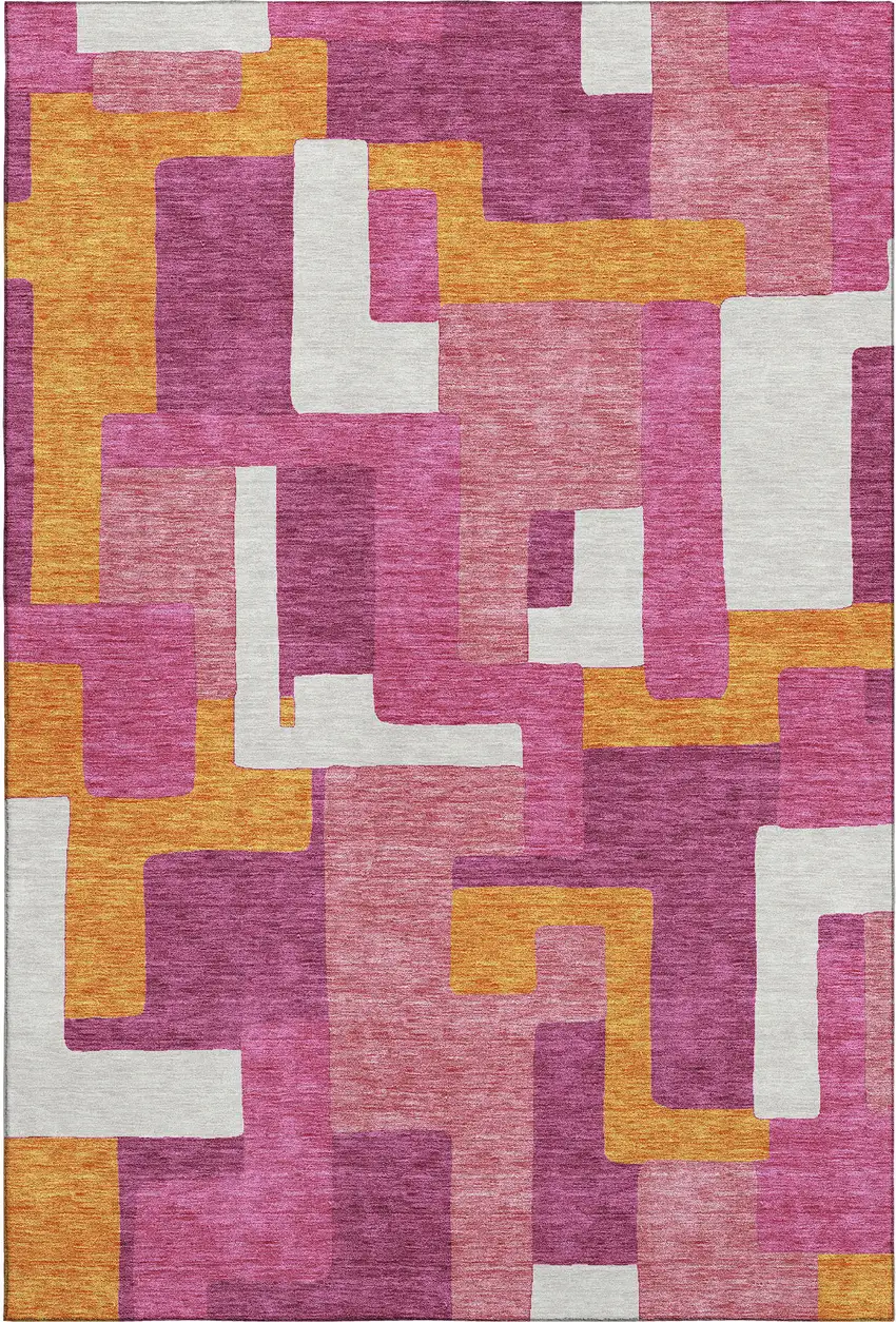 Pink Ivory And Orange Geometric Washable Area Rug With UV Protection Photo 1