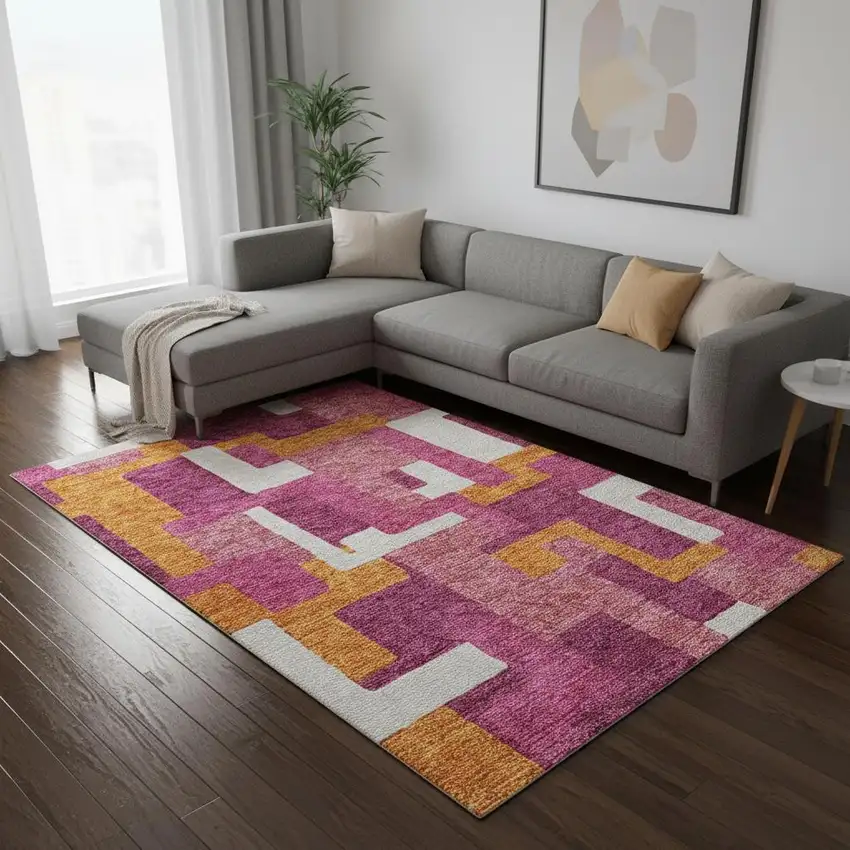 Pink Ivory And Orange Geometric Washable Area Rug With UV Protection Photo 2