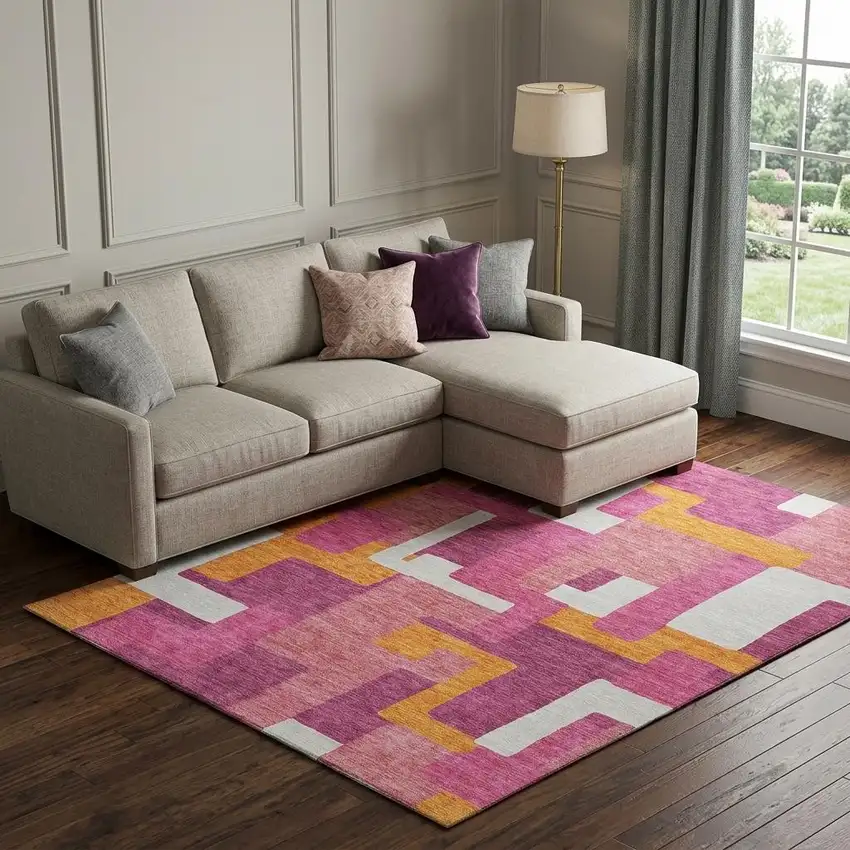 Pink Ivory And Orange Geometric Washable Area Rug With UV Protection Photo 1