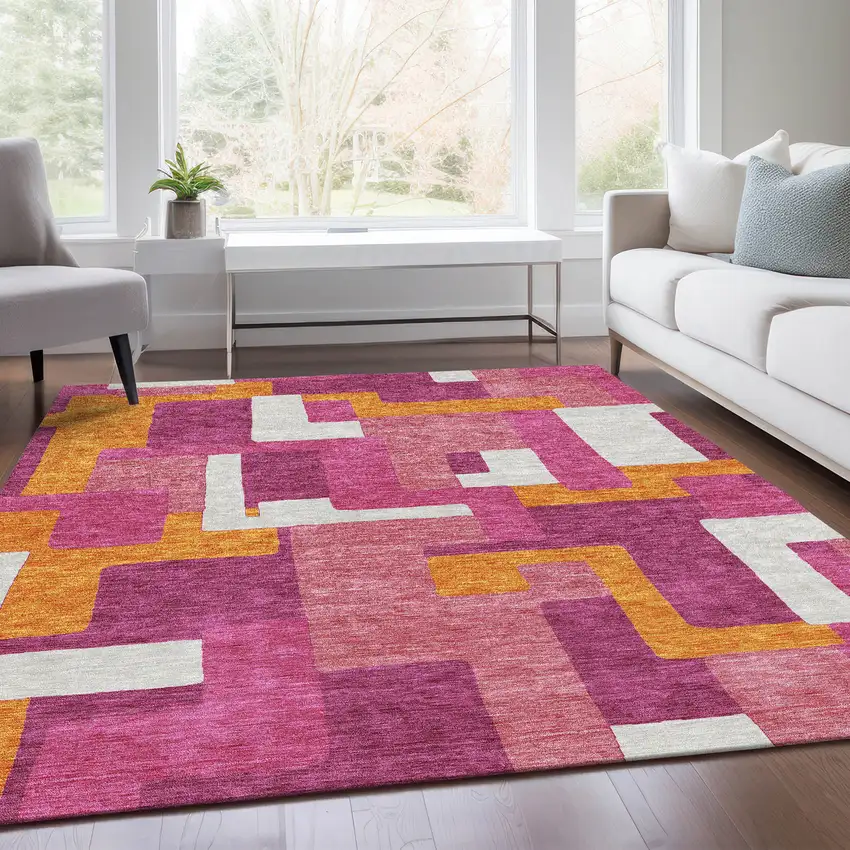 Pink Ivory And Orange Geometric Washable Area Rug With UV Protection Photo 5