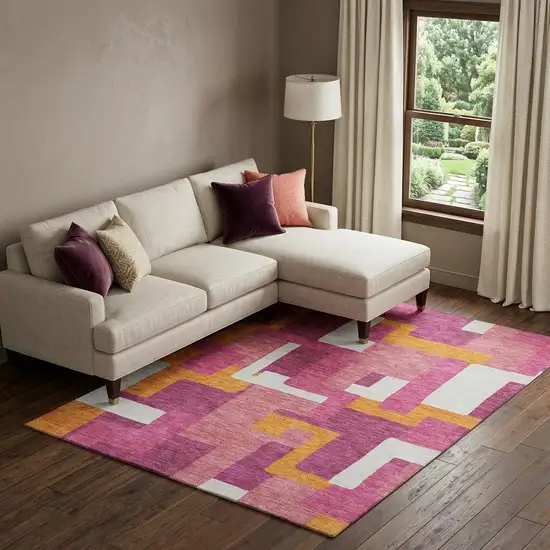Pink Ivory And Orange Geometric Washable Area Rug With UV Protection Photo 1