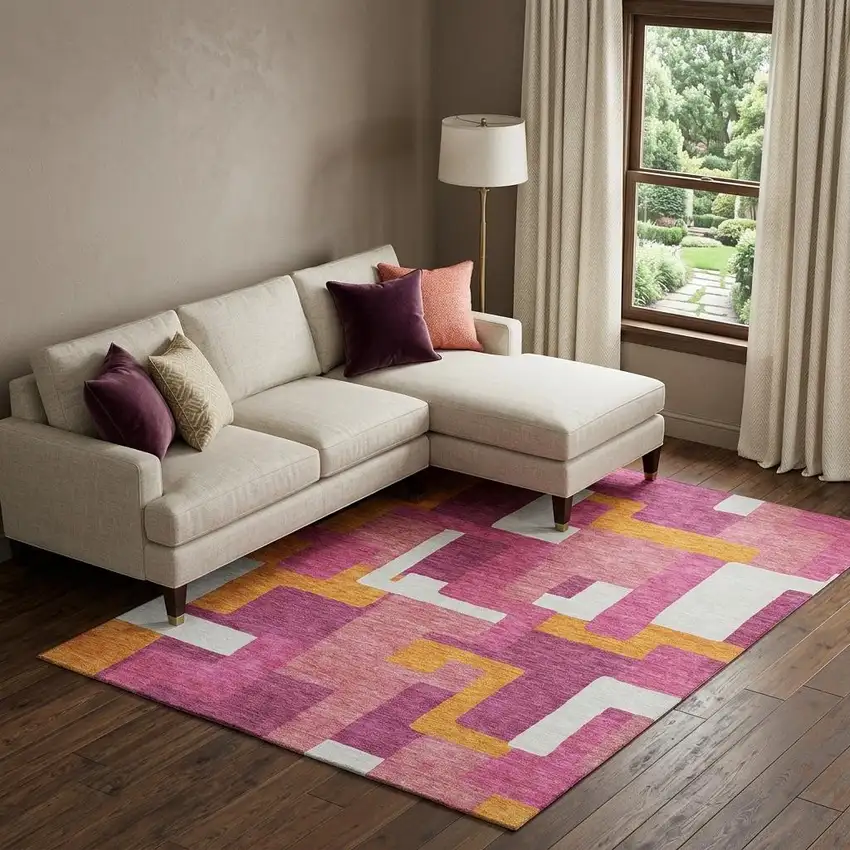 Pink Ivory And Orange Geometric Washable Area Rug With UV Protection Photo 1