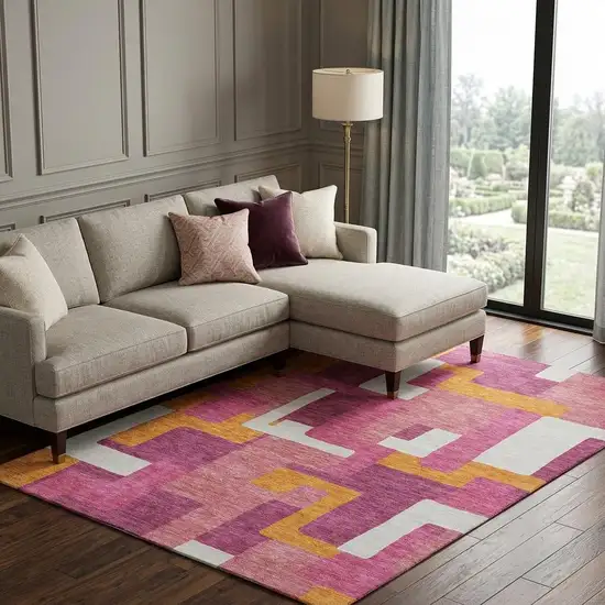 Pink Ivory And Orange Geometric Washable Area Rug With UV Protection Photo 1
