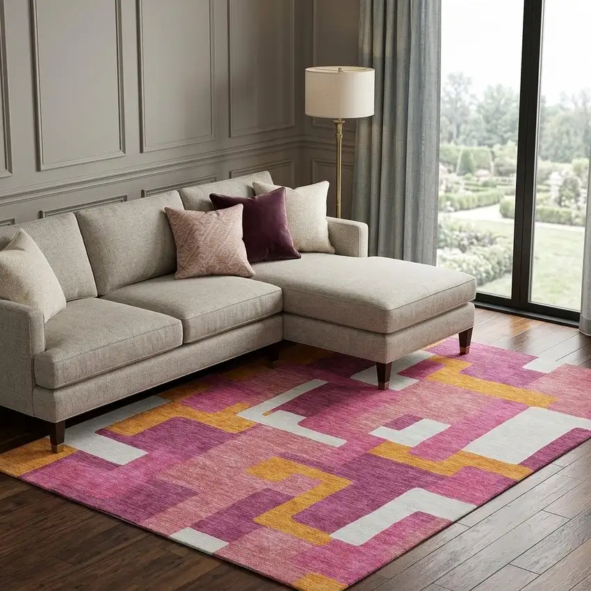 Pink Ivory And Orange Geometric Washable Area Rug With UV Protection Photo 1