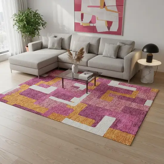 Pink Ivory And Orange Geometric Washable Area Rug With UV Protection Photo 2