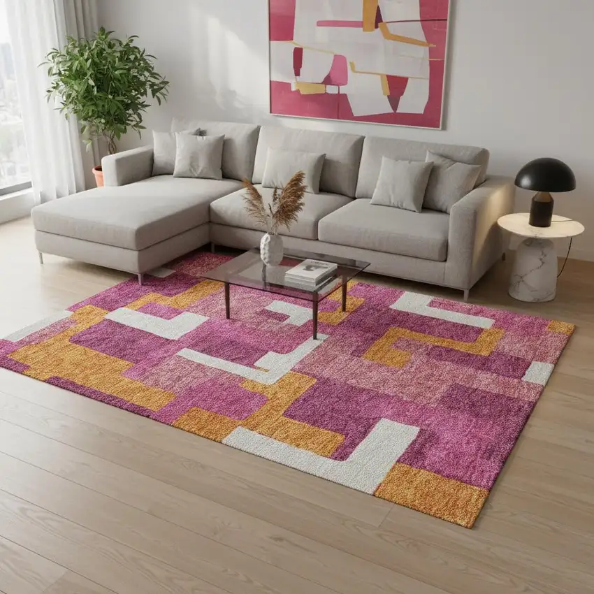 Pink Ivory And Orange Geometric Washable Area Rug With UV Protection Photo 2
