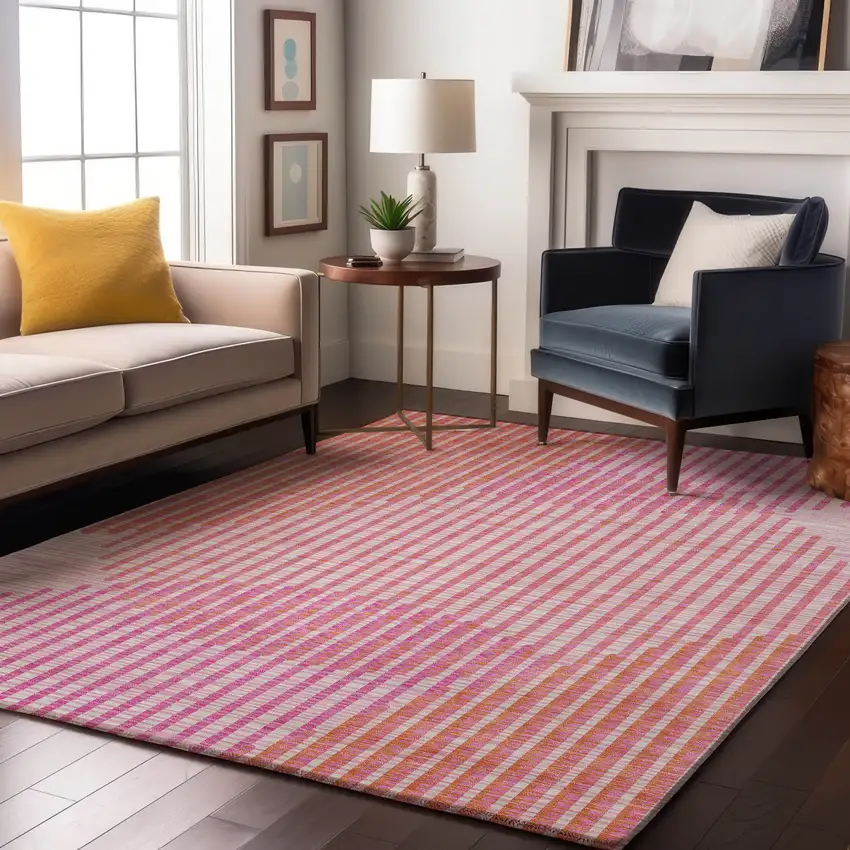 Pink Ivory And Orange Geometric Washable Area Rug With UV Protection Photo 4