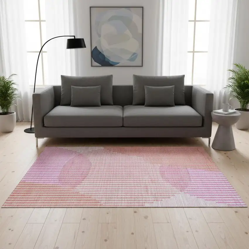 Pink Ivory And Orange Geometric Washable Area Rug With UV Protection Photo 2
